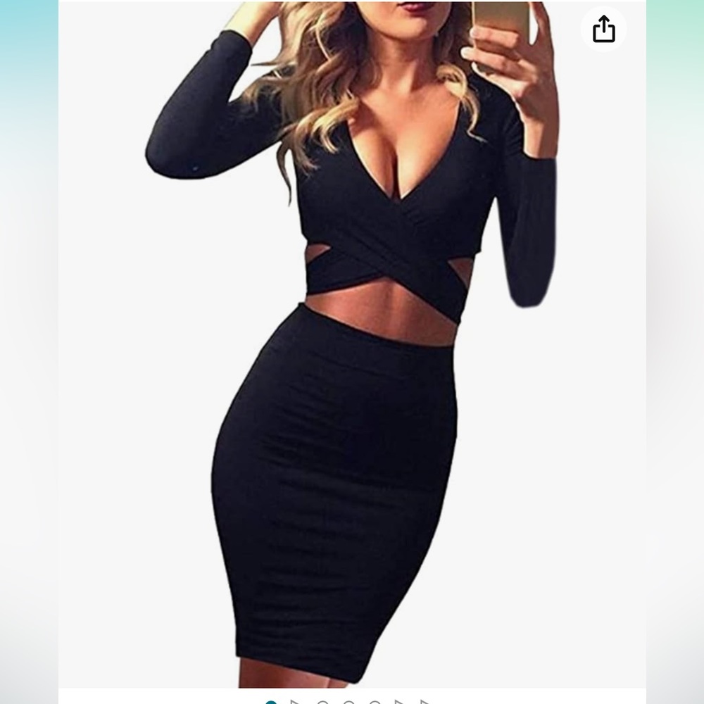 Womens Sexy Long Sleeve Cut-Out Bandage Bodycon Clubwear Midi Dress Black L